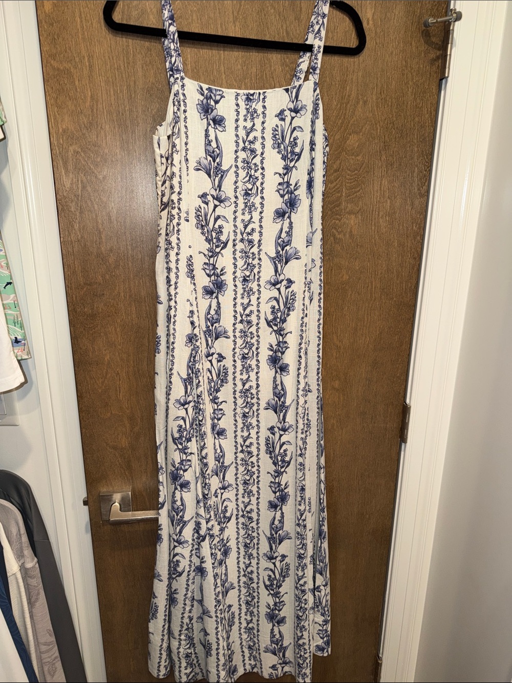 1. State White Maxi Dress with Blue Floral Stripes